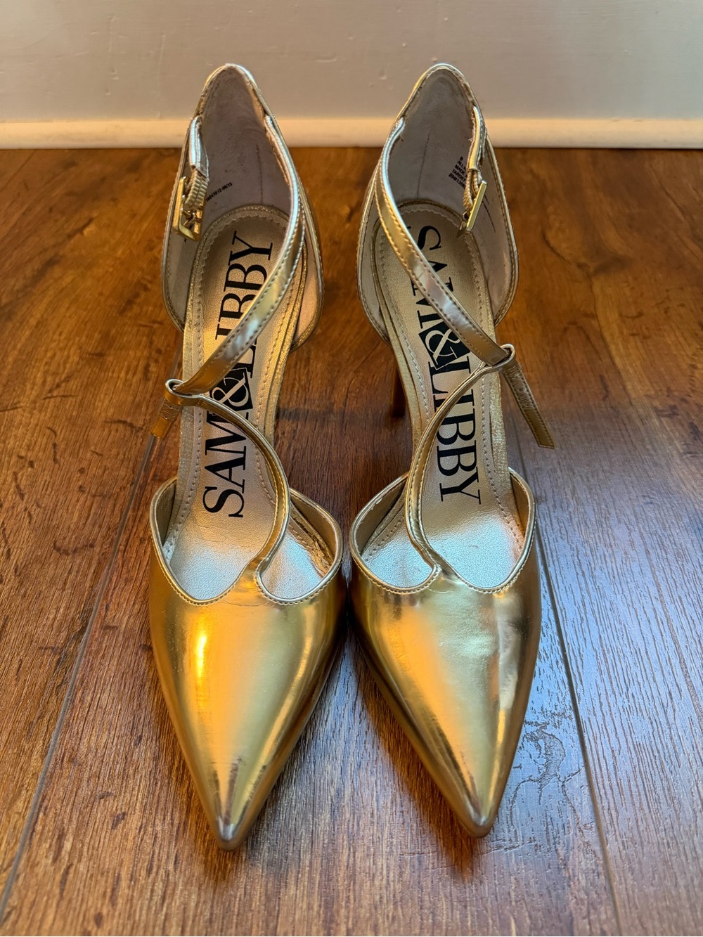 Sam & Libby Metallic Gold Pointed-Toe Crisscross Ankle Strap Heels